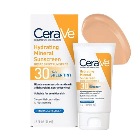 CeraVe Hydrating Mineral Sunscreen SPF 30 Face Sheer Tint – Tinted Mineral Sunblock with Zinc Oxide, Titanium Dioxide, Hyaluronic Acid & Ceramides – 50ml